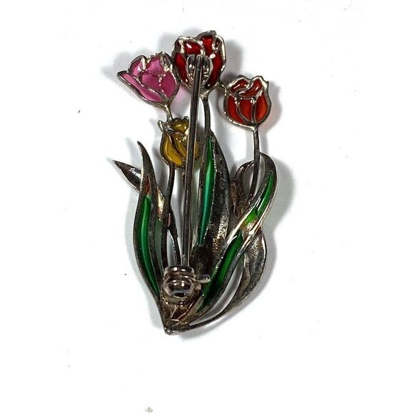 925 Sterling Silver Epoxy Tulips Marcasite Flowers Pin vintage - Picture 4 of 8